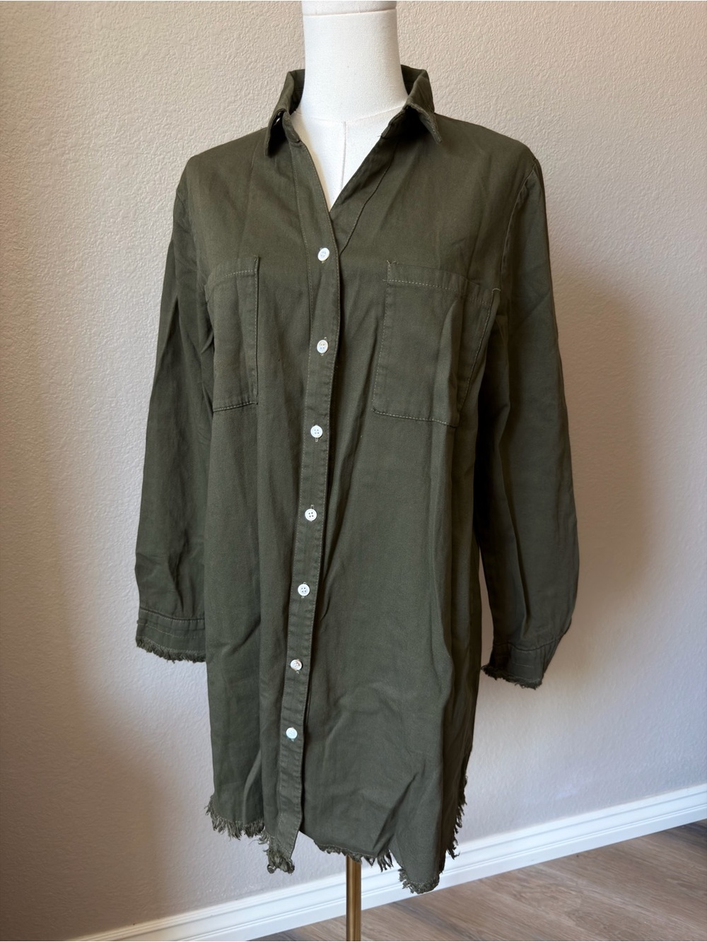 NWT Relaxed Army Green Mini Shirt Denim Dress with Fringe Hem, Large - Picture 3 of 6